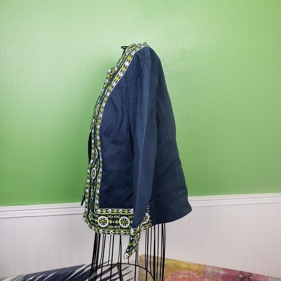 Victor Costa Womans Navy Blue Cotton Green Geometric Embroidered Jacket size sm - Picture 10 of 11